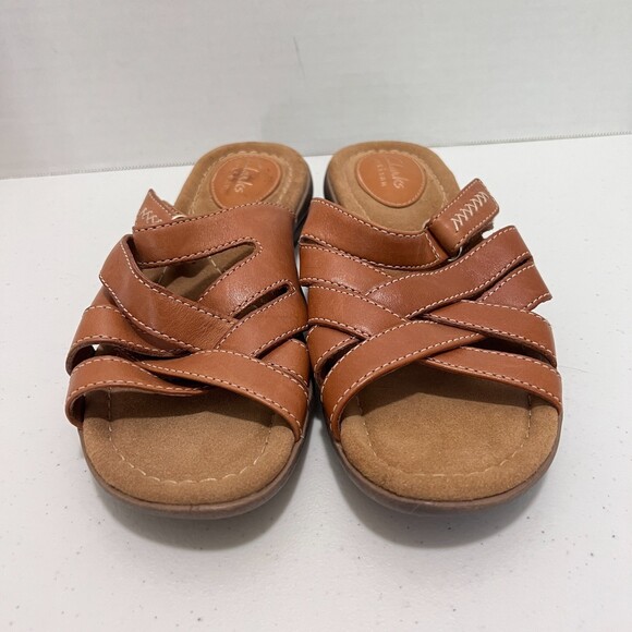 Clarks Reid Newport Women's Cognac Leather Strappy Slide Sandals Size 6 M - Picture 3 of 10